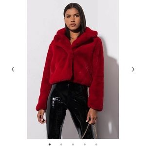 Cropped Faux Fur Jacket - Red